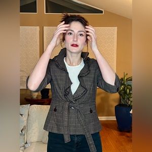 Ann Taylor Loft Brown and Tan Plaid 
3/4th Sleeve Lined Cotton Jacket Size 8P